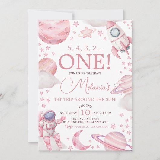 Pink Space 1st Trip Around the Sun Invite Kaart (Voorkant)