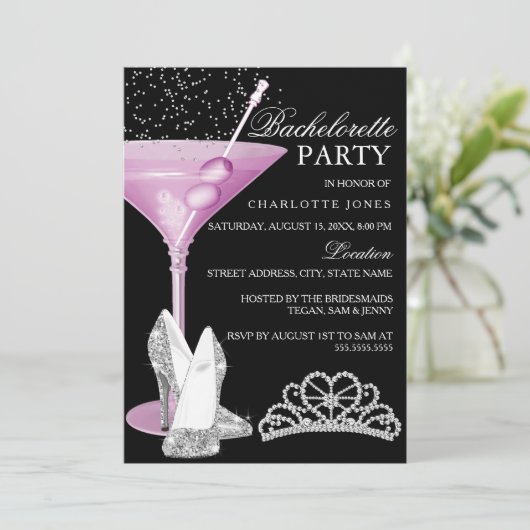 Pink Sparkle Cocktail Bachelorette Party Kaart (Staand voorkant)