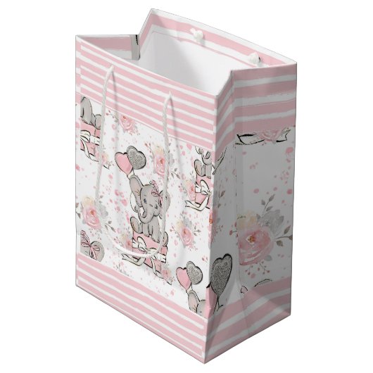 Pink Sparkle Elephant Gift Bag Medium Cadeauzakje (Voorkant Gekanteld)
