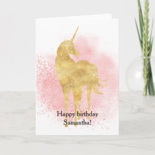 Pink Sparkle Gold Unicorn Birthday Kaart
