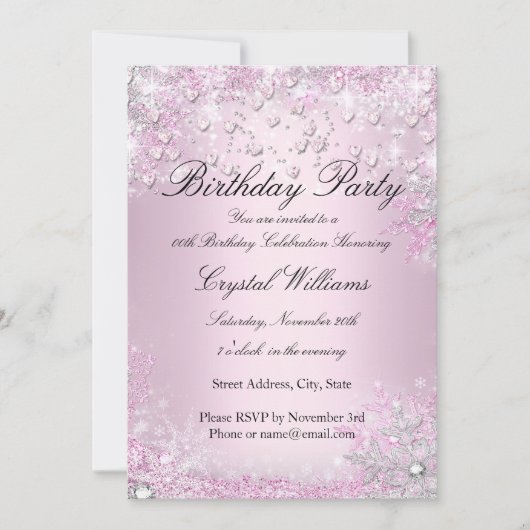 Pink Sparkle Hearts Birthday Invitation Kaart (Voorkant)