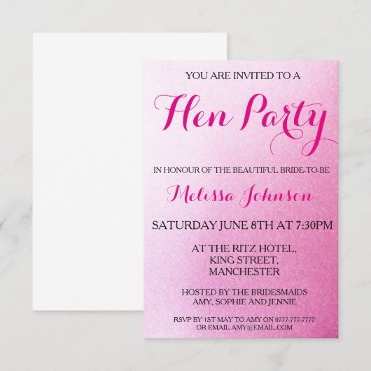 Pink Sparkle Hen Party Uitnodiging (Voorkant / Achterkant)