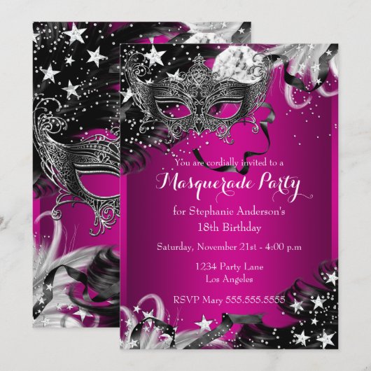 Pink Sparkle Magical Night Masquerade Party Invite Kaart (Voorkant / Achterkant)