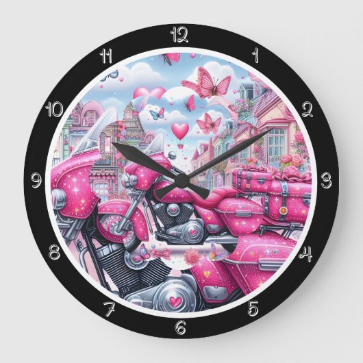 Pink Sparkle Motorcycle Grote Klok (Voorkant)