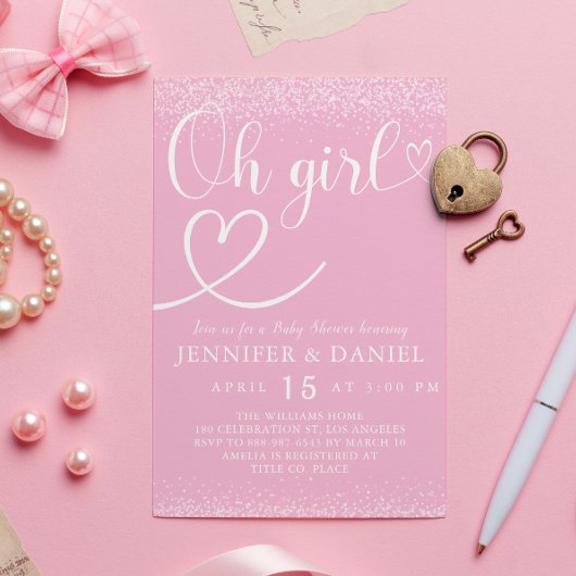 Pink Sparkle Oh Girl Script Heart Cute Kaart