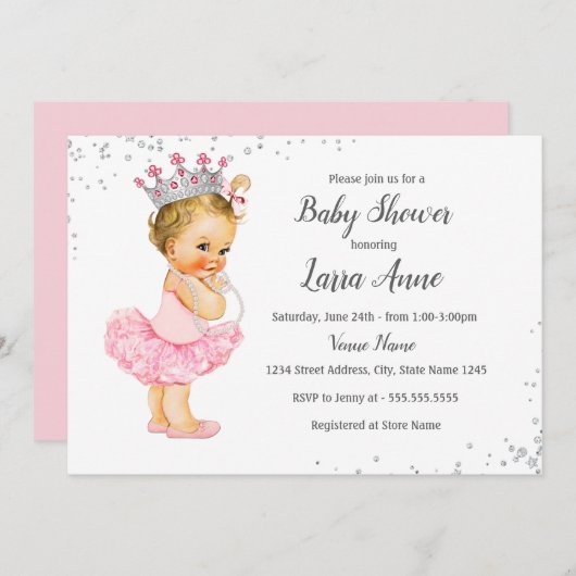 Pink Sparkle Princess Baby shower Uitnodiging (Voorkant / Achterkant)