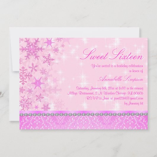 Pink Sparkle Snowflake Sweet16 Uitnodigen Kaart (Voorkant)