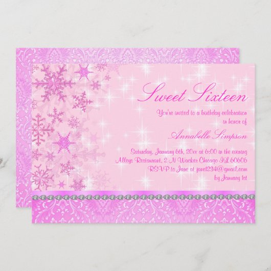 Pink Sparkle Snowflake Sweet16 Uitnodigen Kaart (Voorkant / Achterkant)