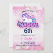 Pink Sparkle Unicorn Magical Any Age 6th Birthday Kaart (Voorkant)