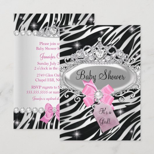 Pink Sparkle Zebra Princess Tiara Baby shower Kaart (Voorkant / Achterkant)