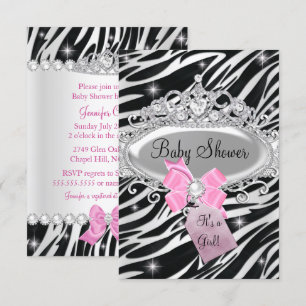 Pink Sparkle Zebra Princess Tiara Baby shower Kaart