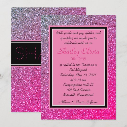 Pink Sparkles Invitation Kaart (Voorkant / Achterkant)