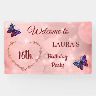 Pink Sparkly Butterfly gepersonaliseerd 16e verjaa Spandoek