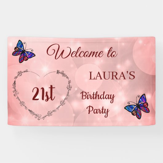 Pink Sparkly Butterfly op maat 21st Birthday Spandoek (Horizontaal)