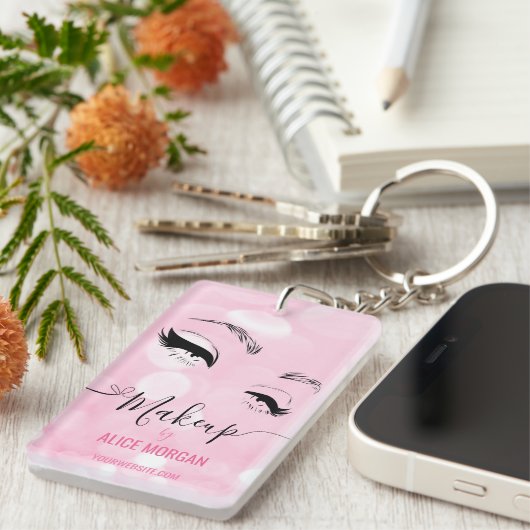 Pink Sparkly Makeup Artist Glamour Bokeh Sequin QR Sleutelhanger (Voorkant Rechts)