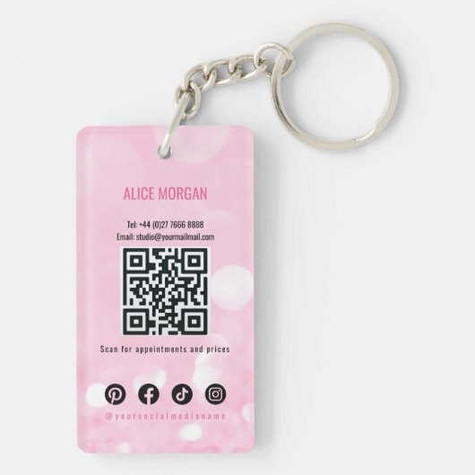 Pink Sparkly Makeup Artist Glamour Bokeh Sequin QR Sleutelhanger (achterkant)