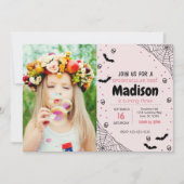 Pink Spider Halloween Verjaardag Uitnodigen met fo Kaart (Voorkant)