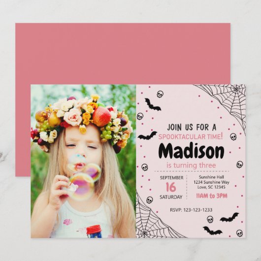 Pink Spider Halloween Verjaardag Uitnodigen met fo Kaart (Voorkant / Achterkant)