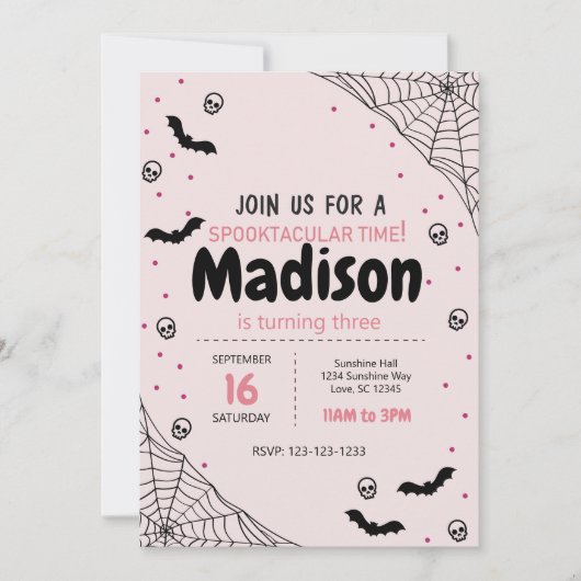 Pink Spider Web Halloween Birthday Invite Kaart (Voorkant)