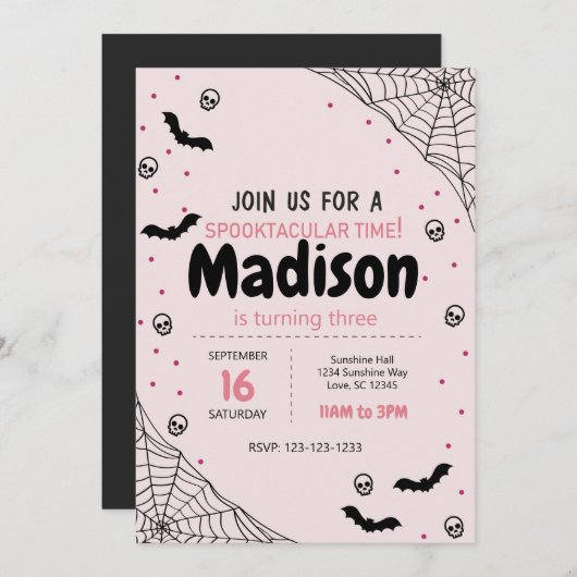 Pink Spider Web Halloween Birthday Invite Kaart (Voorkant / Achterkant)