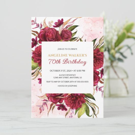 Pink Splash Bourgondië Dahlia Roos Verjaardag Kaart (Staand voorkant)