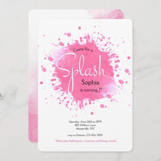 Pink Splash-uitnodiging Kaart (Voorkant / Achterkant)