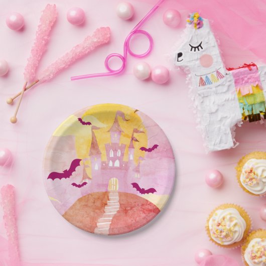 Pink Spooky Castle op Hill Halloween Party Papieren Bordje (Feest)