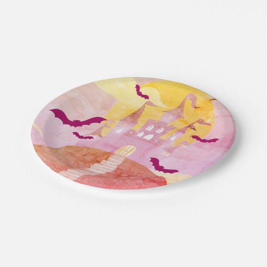 Pink Spooky Castle op Hill Halloween Party Papieren Bordje (Gekanteld)