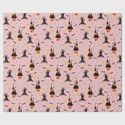 Pink Spooky Haunted House Halloween Cadeaupapier (Vlak)