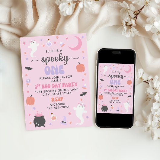 Pink Spooky One 1st Birthday Invitation Kaart