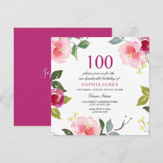 Pink Spring Floral 100th Birthday Party Invitation Kaart (Voorkant / Achterkant)