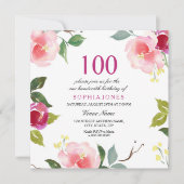 Pink Spring Floral 100th Birthday Party Invitation Kaart (Voorkant)