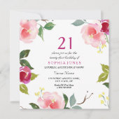 Pink Spring Floral 21st Birthday Party Invitation Kaart (Voorkant)