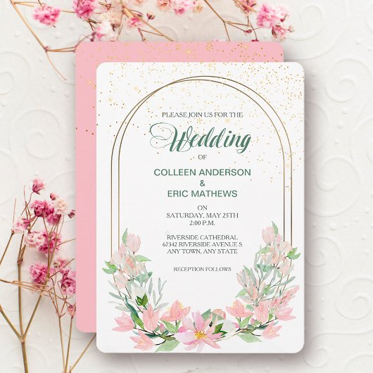 Pink Spring Floral Double Lijst Wedding Invitation Kaart