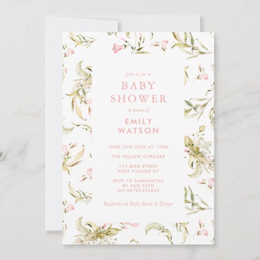 Pink Spring Floral Waterverf Baby shower Kaart (Voorkant)