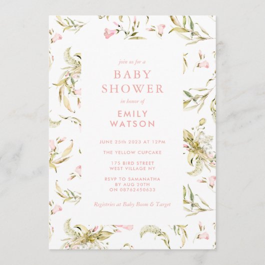 Pink Spring Floral Waterverf Baby shower Kaart (Voorkant)