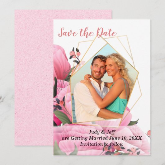 Pink Spring Roos Floral Wedding Save the Date Kaart (Voorkant / Achterkant)