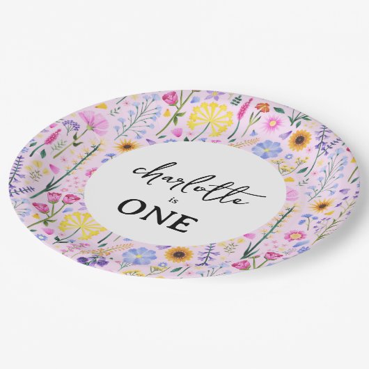Pink Spring Wildflower Girl's Eerste Verjaardag Papieren Bordje (Gekanteld)