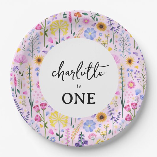 Pink Spring Wildflower Girl's Eerste Verjaardag Papieren Bordje (Voorkant)