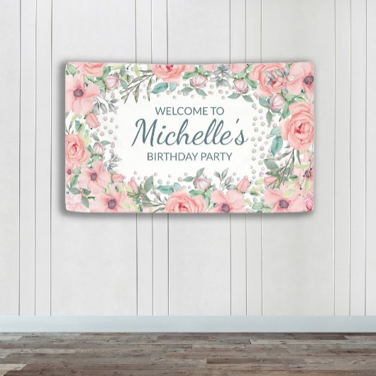 Pink Springtime Floral Greenery Birthday Spandoek