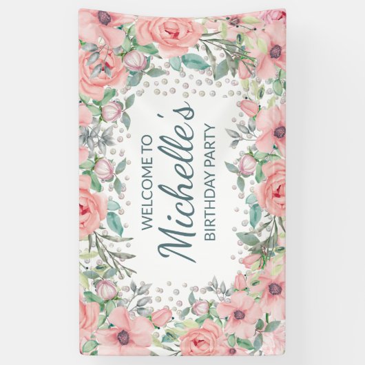 Pink Springtime Floral Greenery Birthday Spandoek (Verticaal)
