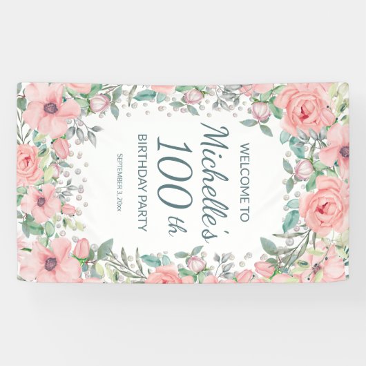 Pink Springtime Floral Greenery Vertical Birthday Spandoek (Horizontaal)