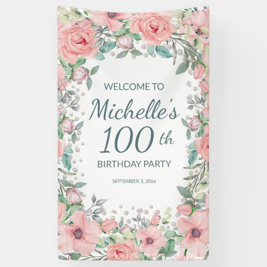 Pink Springtime Floral Greenery Vertical Birthday Spandoek (Verticaal)