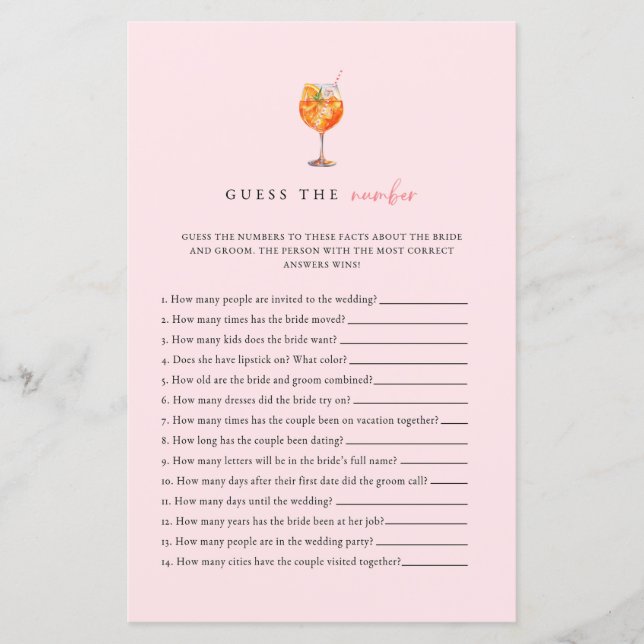Pink Spritz Bruidsfeest Raad Het Aantal Spel (Voorkant)