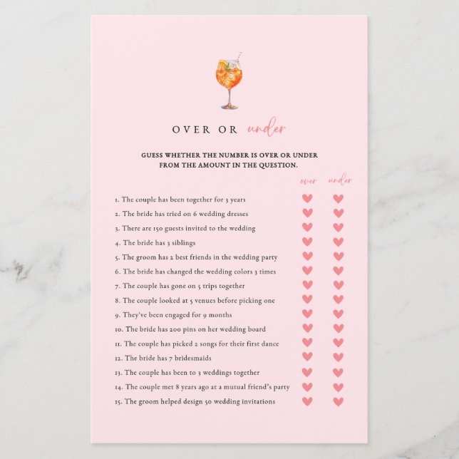 Pink Spritz Over Or Under Bridal Shower Game (Voorkant)