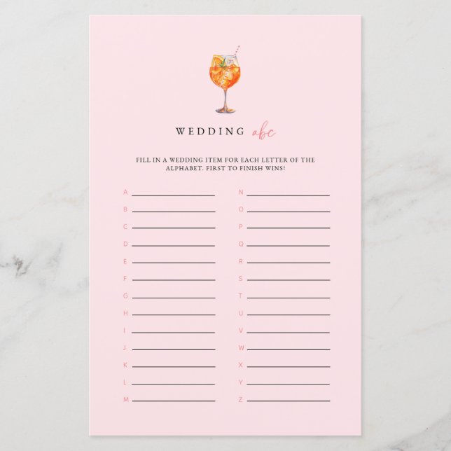 Pink Spritz Wedding ABC Bridal Shower Game (Voorkant)