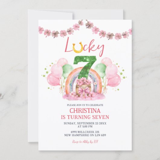 Pink St Patrick Lucky Seven Birthday Invitation Kaart (Voorkant)