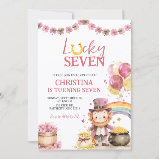 Pink St Patrick Lucky Seven Birthday Invitation Kaart (Voorkant)