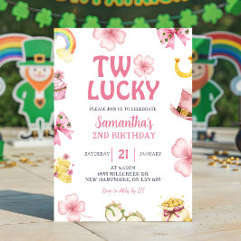 Pink St Patrick Two Lucky Birthday Invitation Kaart