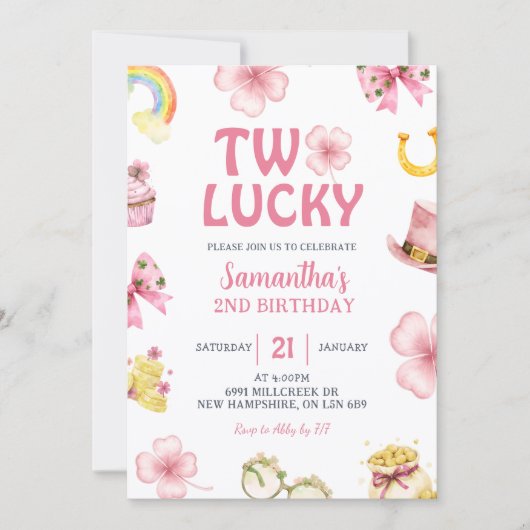 Pink St Patrick Two Lucky Birthday Invitation Kaart (Voorkant)